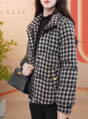 冬季新款格子棉服气质保暖显瘦减龄棉衣F时尚百搭中老年棉袄外套