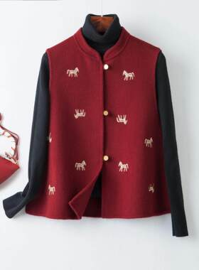 马年战袍高级感红色小马刺绣双面呢马甲夹新中式立领背心外套保暖