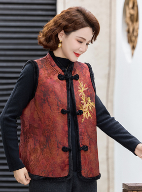 新中式国风妈妈冬装马甲外套加绒加厚中老年秋冬季保暖背心棉衣女