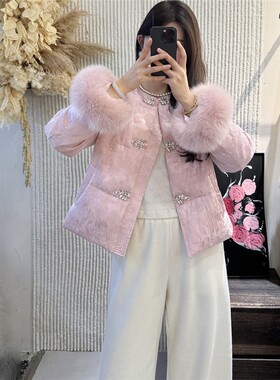 新中式人丝提花羽绒服女冬季欧货高端狐狸毛袖口90白鸭绒保暖外套