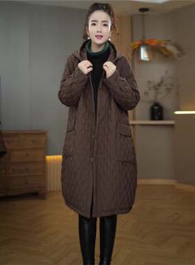 高端定制夹棉外套女2025冬季新款菱形格复古大口袋中长款连帽棉服