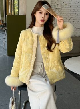 新中式国风提花黄色短款羽绒棉服女2025冬季新款圆领保暖爆款外套
