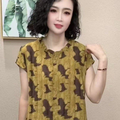 夏季印花短袖减龄遮肉妈妈衬衫