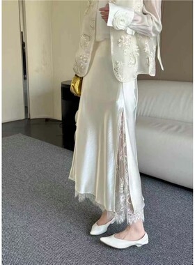 欧洲站2025夏季新款欧货醋酸蕾丝拼接高腰显瘦开衩包臀鱼尾半身裙