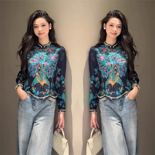 新中式缎面花卉印花显瘦女衬衫