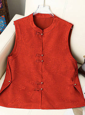 红色盘扣马甲女无袖提花新年战袍本命年背心外套时尚潮流新款上衣