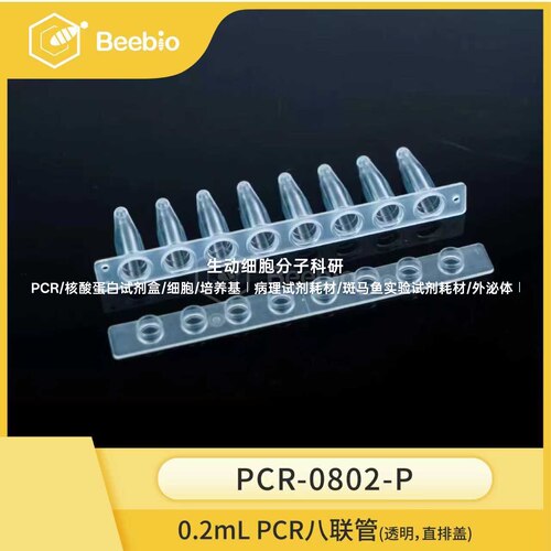PCR管系列，0.2mL 8联PCR管，透明，直排盖，100条/盒，PCR 8连管
