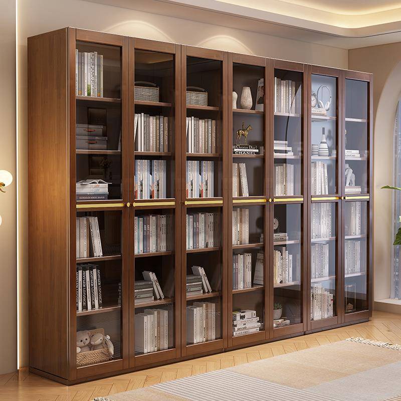 新中式实木书柜书架组合书房书橱家用落地带门防尘收纳柜子置物柜