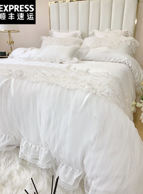 高档蕾丝双面天丝四件套冰丝公主风床裙款白色床单床上用品裸睡夏