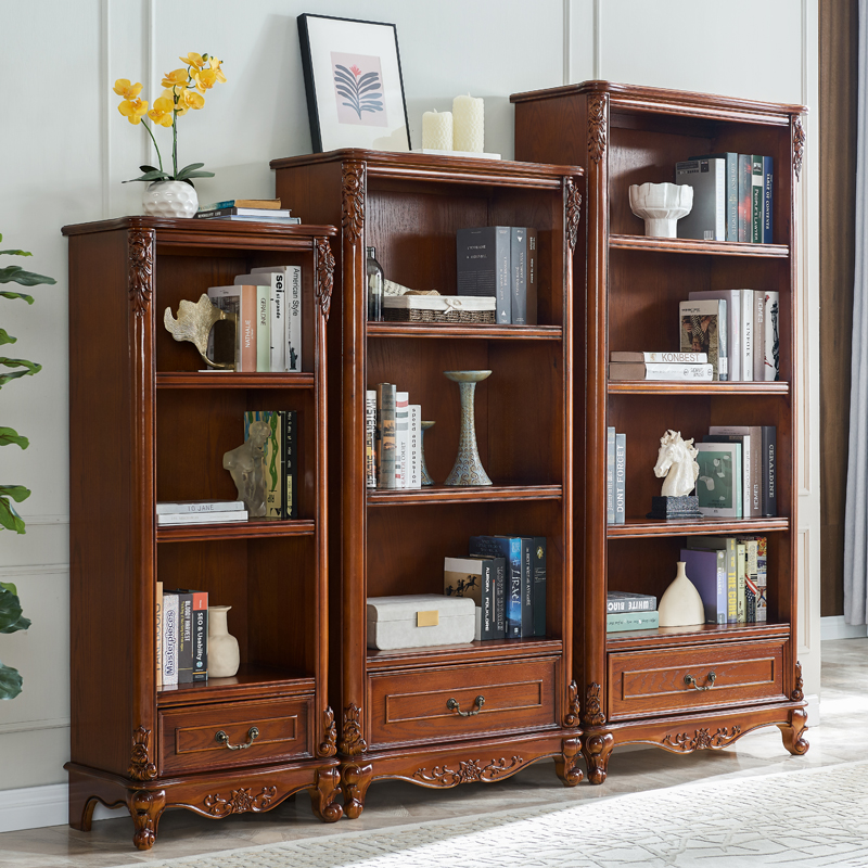 美式实木书柜靠墙置物展示柜玻璃柜欧式简约收纳储物柜落地书架