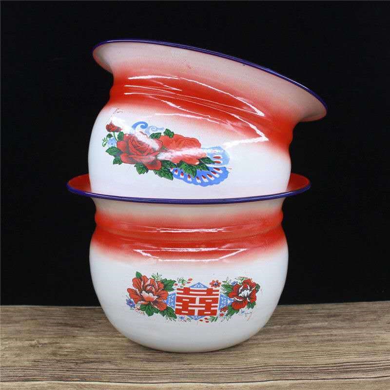 老式加厚搪瓷痰盂矮痰桶小孩搪瓷尿盆尿桶老人坐便器婚庆喜庆痰盂