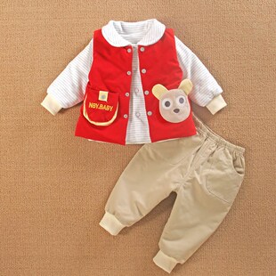 0一1岁男宝宝装分体款红色夹棉衣服春秋冬6四3个月婴儿三件套装季