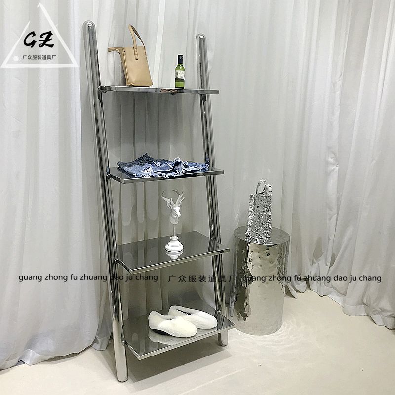 服装店展示架不锈钢层板架鞋包陈列架置物架靠墙落地架梯子流水架图片