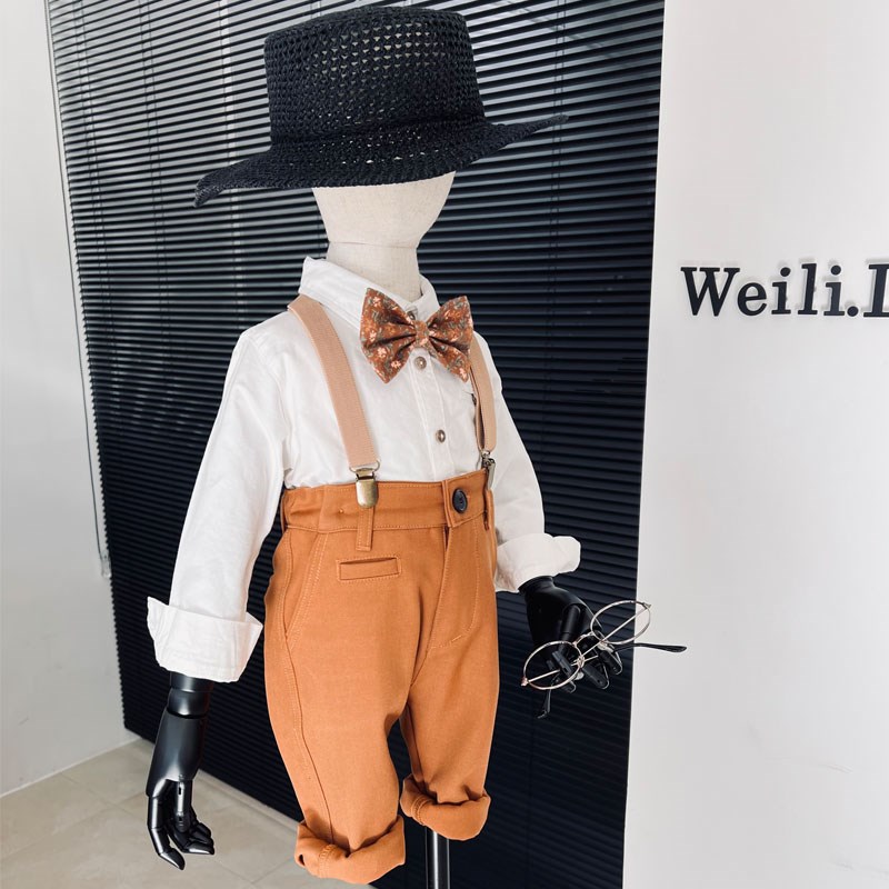 春季新款男宝宝英伦风衬衫套装 男童白衬衫花童演出服背带裤西装