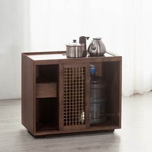 新中式茶水柜黑胡桃木烧水壶一体储茶柜办公室实木茶桌边柜茶水台