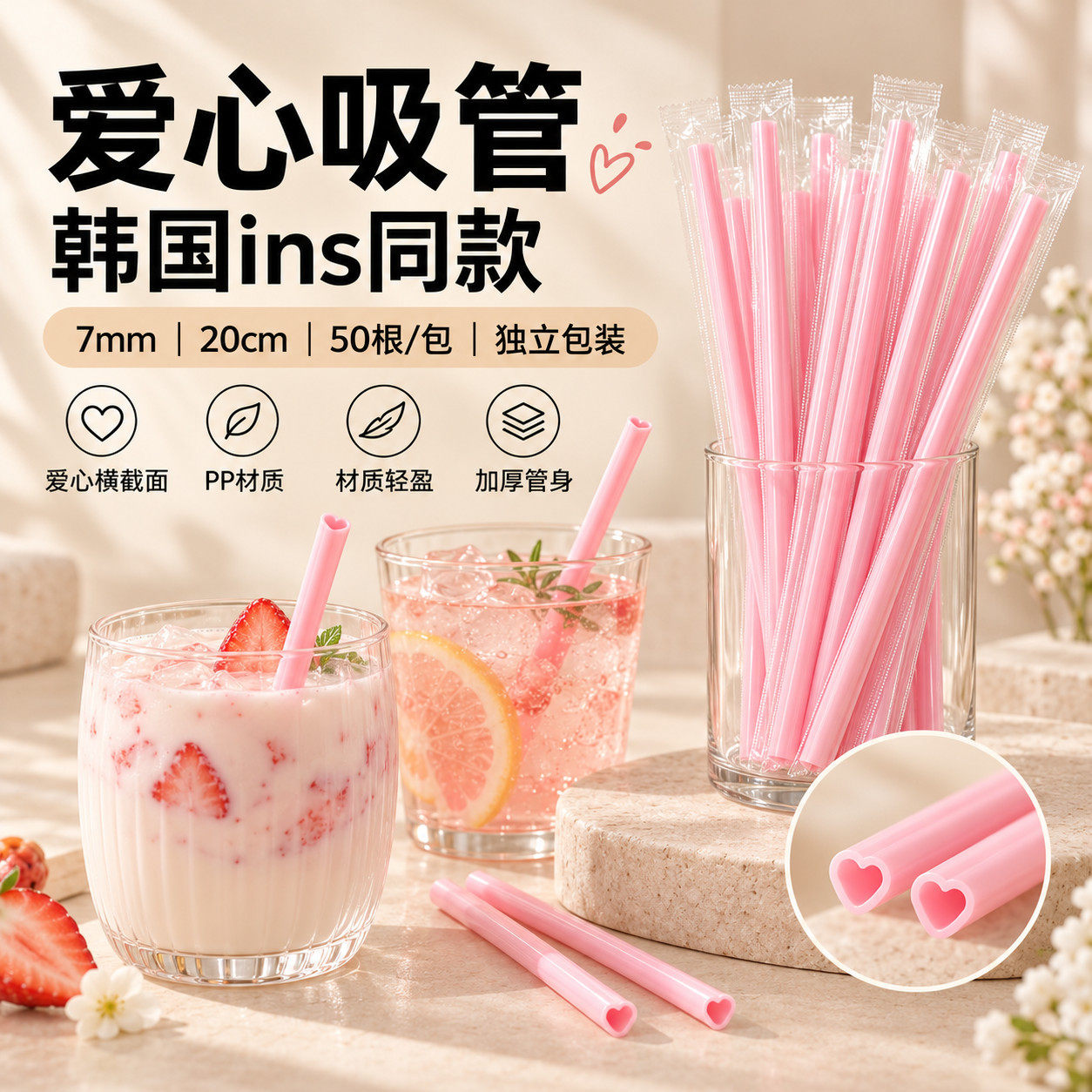 一次性抗菌爱心吸管食品接触级
