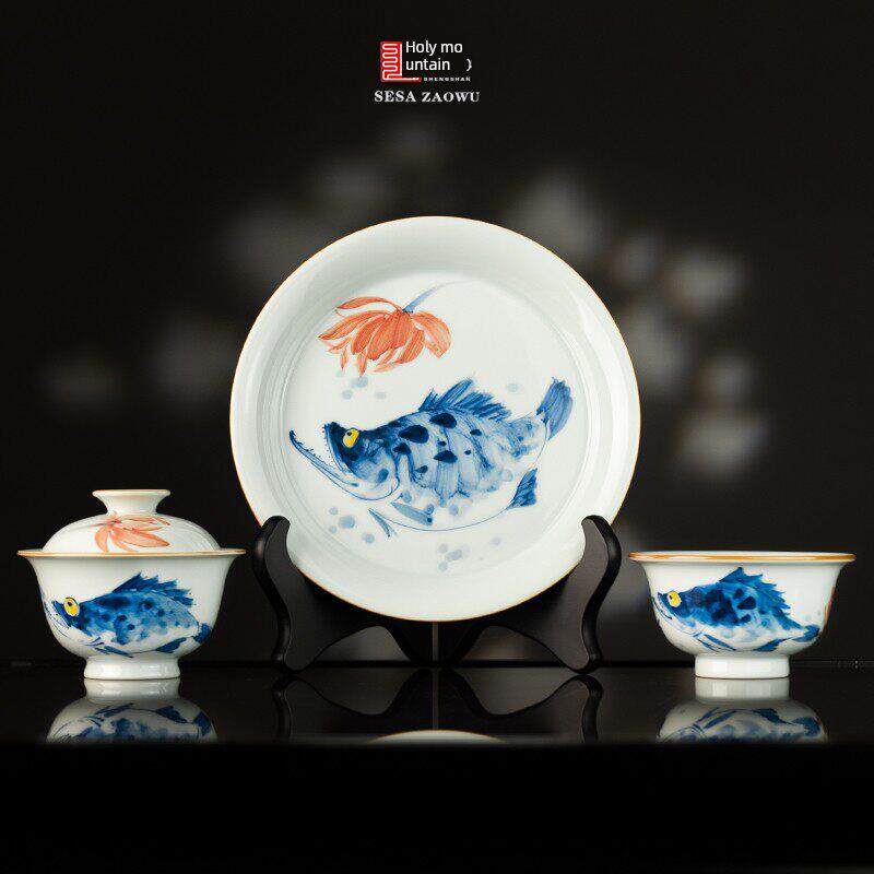 神山景德镇古色古香青花手绘写意国画荷叶名贵鱼陶瓷盖碗茶具茶具