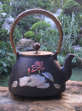 荷花铁壶纯手工铸铁茶壶南部功夫茶具无涂层烧水壶荷叶小鱼铸铁壶