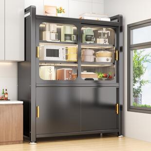 厨房置物架多层推拉门家用微波炉锅碗收纳柜多功能落地储物橱柜