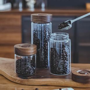 单向排气咖啡豆保存罐密封罐民宿茶室咖啡粉储物罐防潮木盖玻璃罐