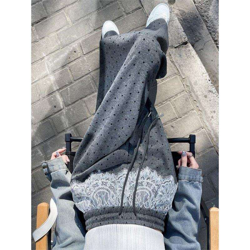 灰色波点阔腿裤女夏季蕾丝拼接高腰垂感直筒宽松休闲拖地糯米裤子