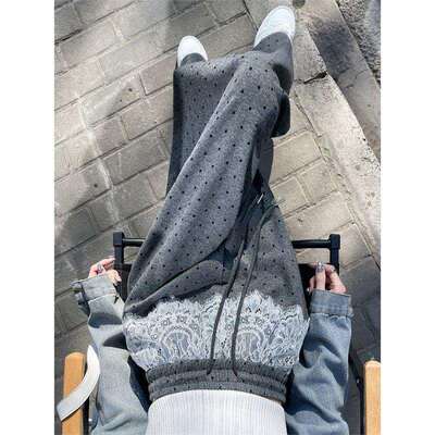 灰色波点阔腿裤女夏季蕾丝拼接高腰垂感直筒宽松休闲拖地糯米裤子