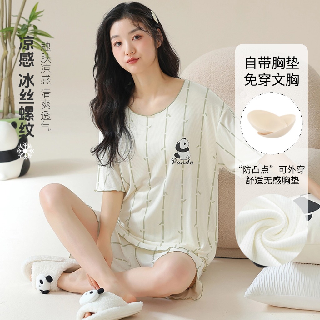 猫睡2025新款冰丝夏季睡衣女套装开衫短袖短裤大码家居服可外穿D3