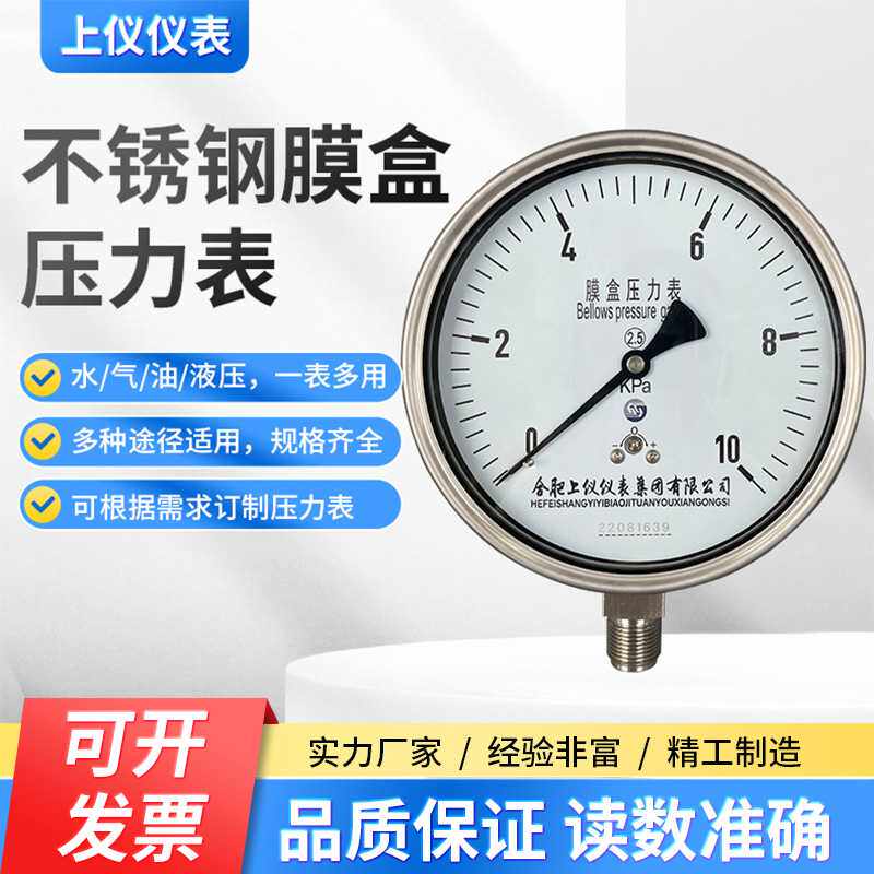 上仪仪表 膜盒压力表不锈钢YE-150B真空耐震轴向微差压燃气表膜片