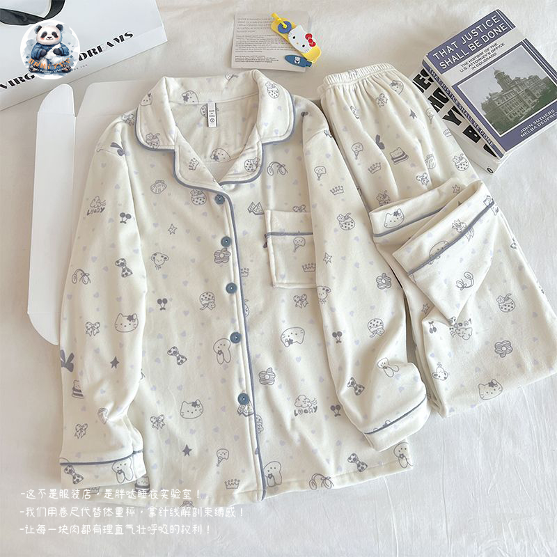 秋冬海岛绒翻领保暖家居服套装