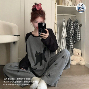春季秋季高级小黑猫印花卡通宽松女长袖睡衣小众家居服套装可外穿