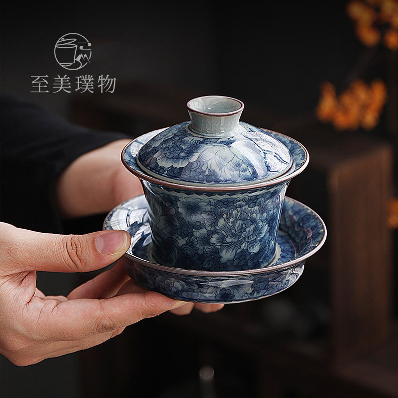 青花汝窑三才盖碗家用陶瓷泡茶碗中国画风茶道美学可悬停盖碗茶杯