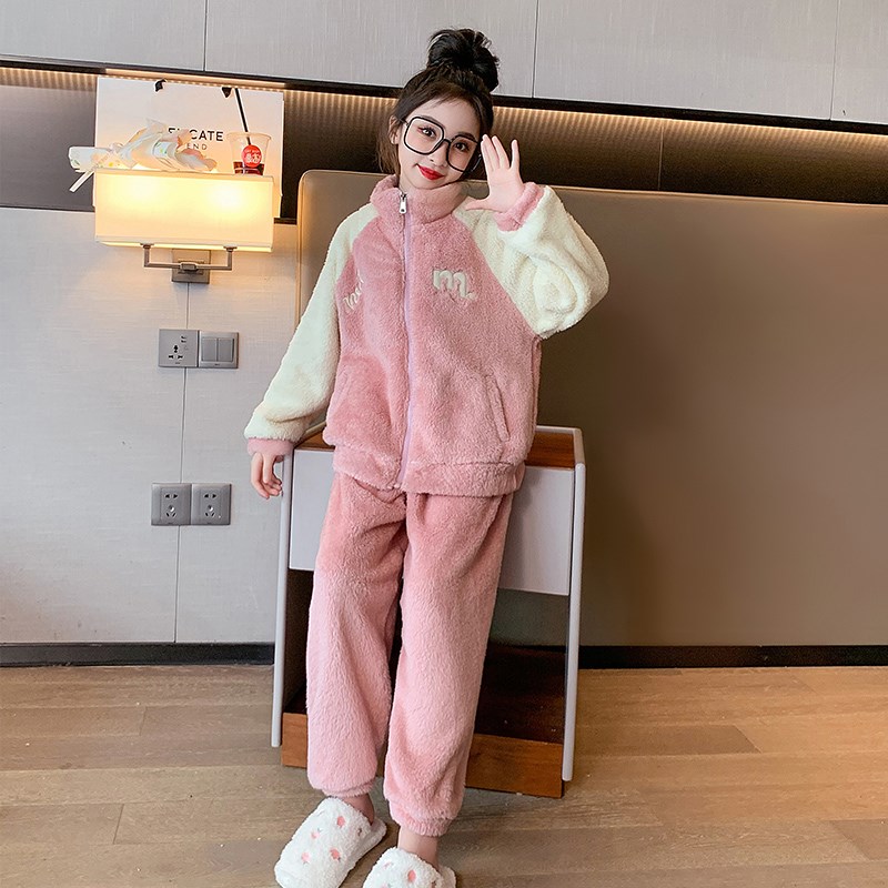 儿童法兰绒睡衣秋冬季女童休闲洋气加厚珊瑚绒家居服套装开衫保暖