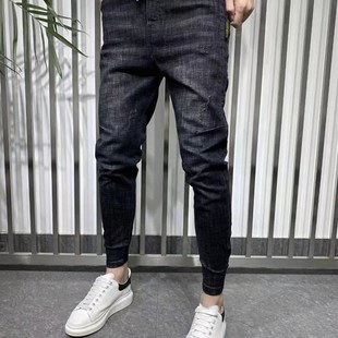 秋冬牛仔裤男加绒修身长裤百搭网红加厚休闲松紧腰黑色哈伦小脚裤