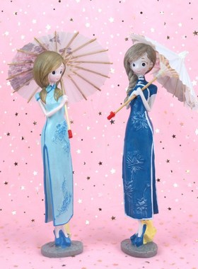 旗袍撑伞打伞美女少女女孩女郎工艺摆件酒柜家居客厅装饰节日礼品