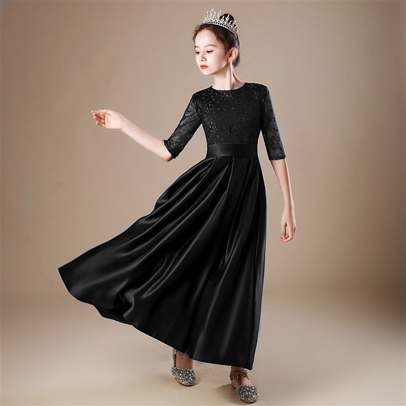 黑色大儿童礼服女童钢琴小提琴演出服管弦乐团大合唱公主裙长袖冬