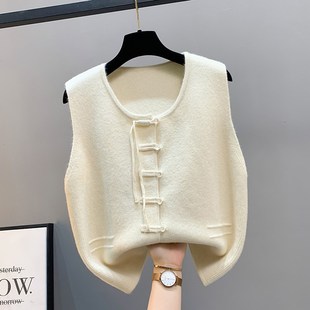 2024年新中式国风洋气针织衫马甲背心内搭外穿红色盘扣上衣女装潮