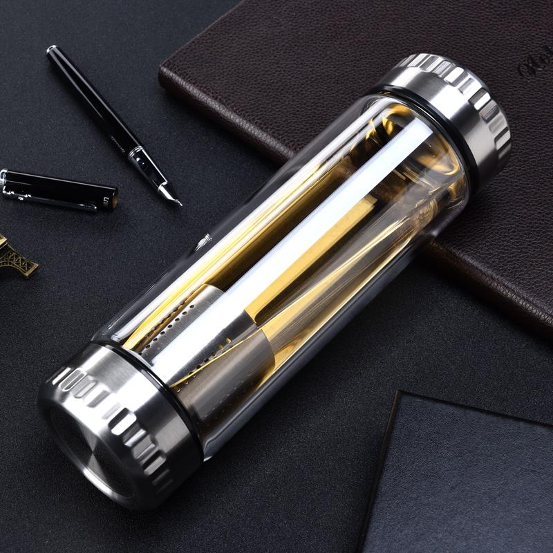 高档双层玻璃杯双头带盖底部长网随手水杯耐热加厚便携过滤泡茶杯