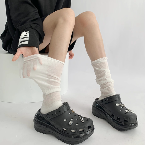 希琳白色堆堆袜女夏季薄款褶皱透气黑灰中筒袜子小腿袜平板泡泡袜
