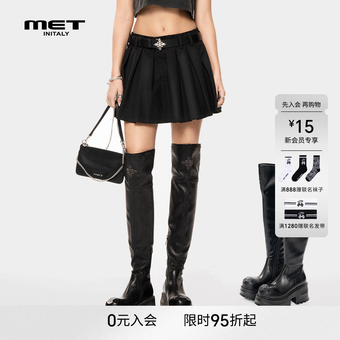 MET initaly黑色过膝长靴女厚底粗跟早春新款马丁靴学院风百搭