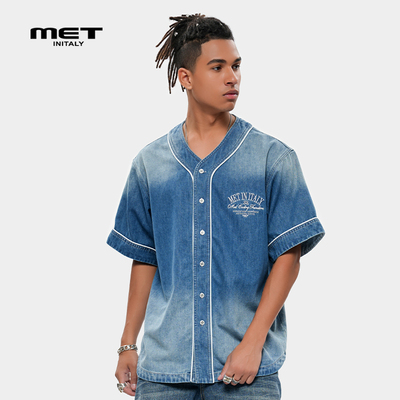 MET initaly麦特夏季新款美式复古渐变休闲衬衫百搭短袖T恤男