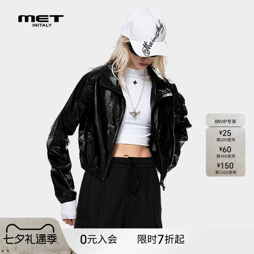 MET initaly麦特美式复古短外套女早春新款休闲百搭连帽卫衣