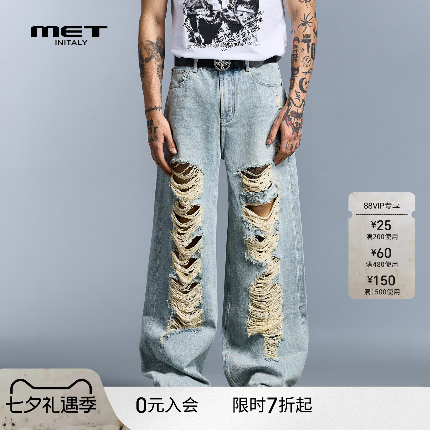 METinitaly麦特做旧破洞高腰牛仔裤早春新款复古潮牌直筒长裤