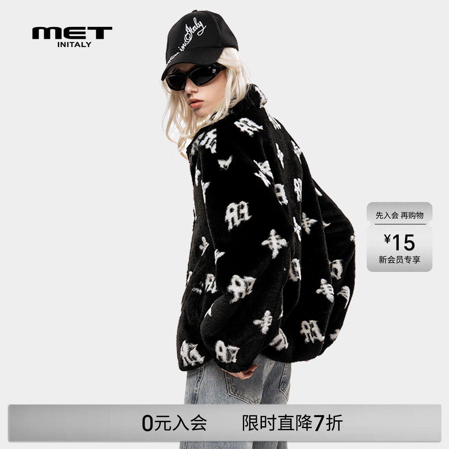 MET initaly美式哥特风满印字母开衫女冬季新款短外套拉链潮牌