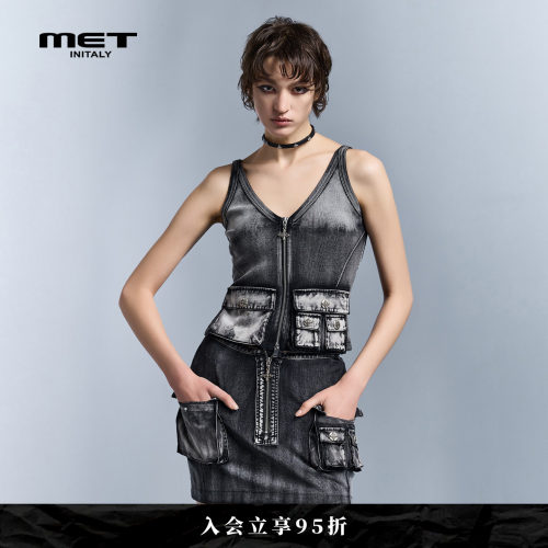 MET initaly酷辣风做旧牛仔背心吊带女拉链多口袋修身小众设计感