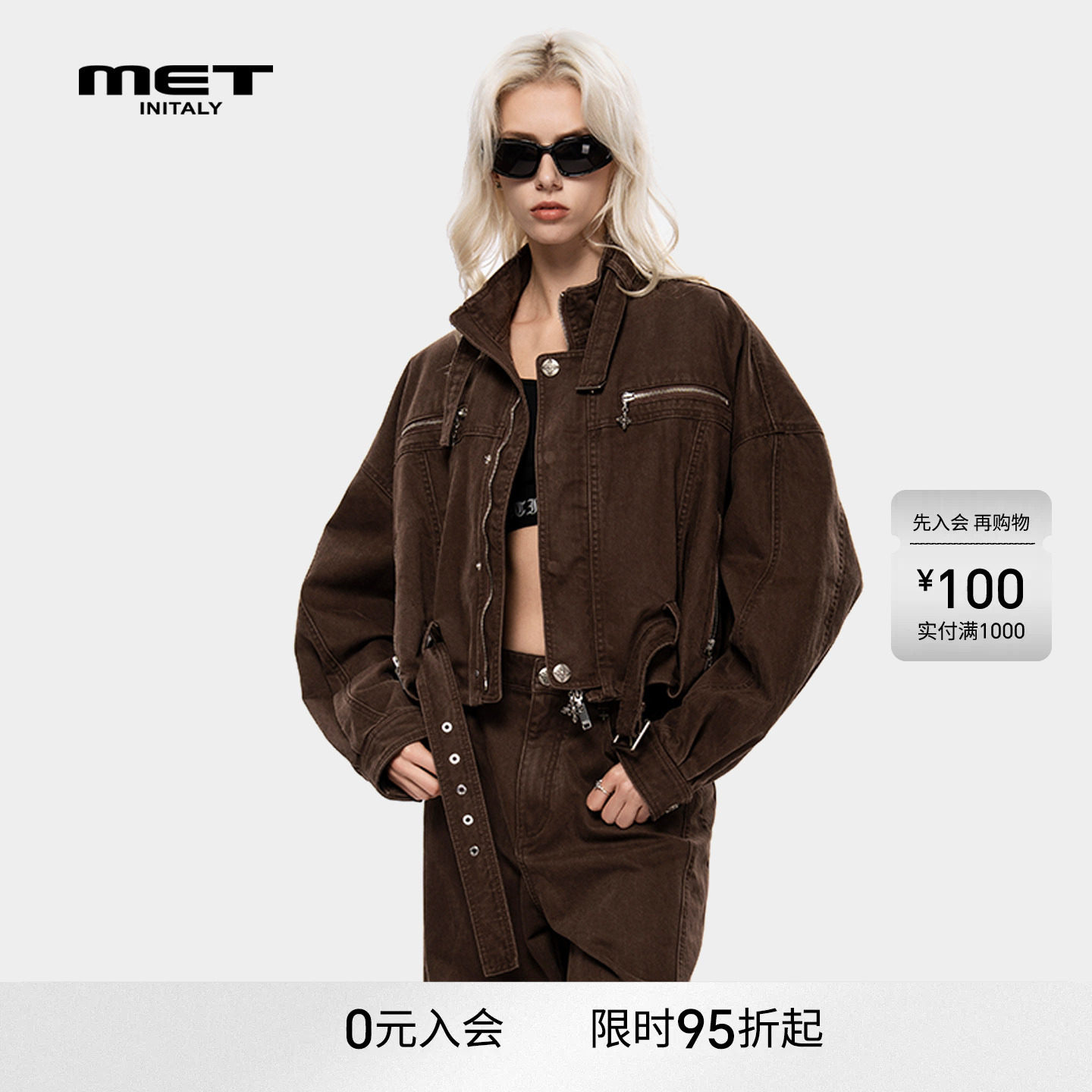 MET initaly复古工装风短款机车风牛仔外套女秋冬宽松休闲夹克