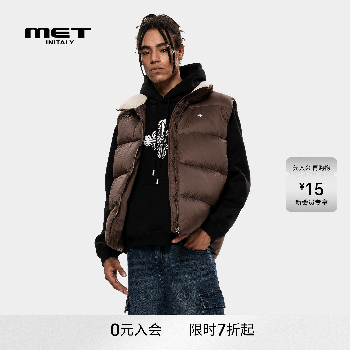 MET initaly麦特冬季新款羽绒马甲男女潮流百搭拉链保暖上衣