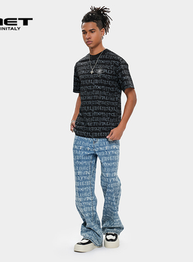 MET initaly麦特字母印花复古风潮牌牛仔裤男夏季新款直筒裤