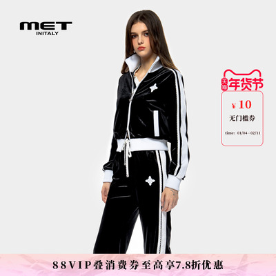 MET initaly麦特美式复古短外套女秋季新款休闲百搭连帽卫衣