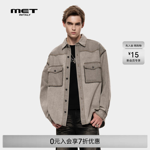 MET initaly美式复古做旧牛仔外套男冬季新款工装夹克翻领上衣