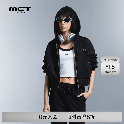MET initaly早春字母印花连帽拉链卫衣女短款潮流休闲运动外套